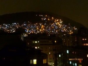 The view from the roof at night. The dense lights are the favelas, just a few blocks away from the hotel zone. 