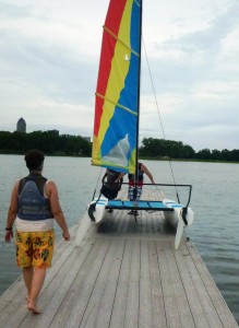 Getting our adorable Hobie Wave ready to sail.