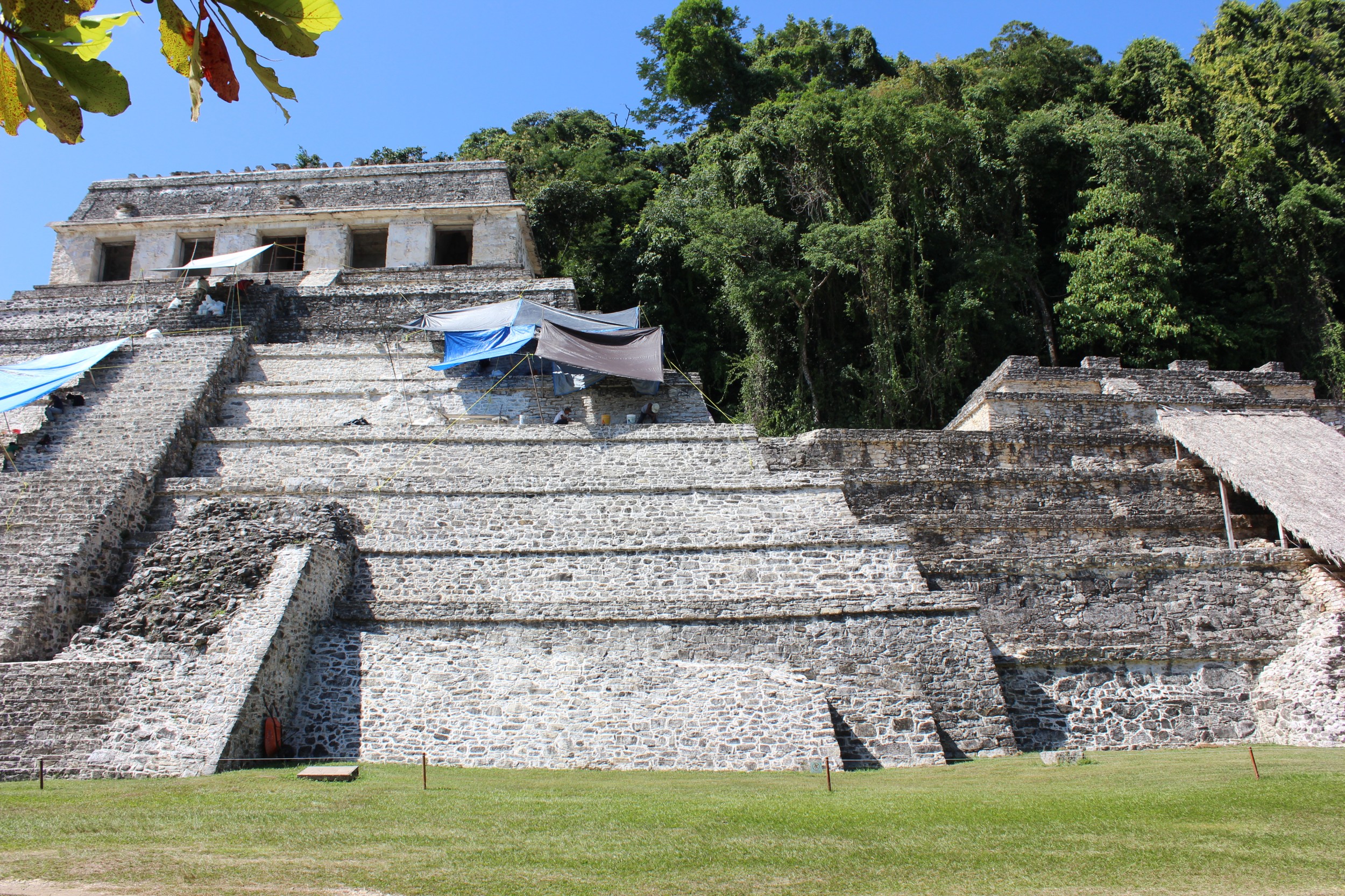 The Temple of the Inscriptions, with archeologists hard at work doing restoration under the tarps. 