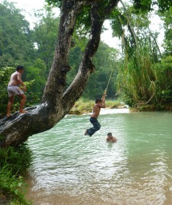 Boys showing off for us on the rope swing at the bottom of the falls.